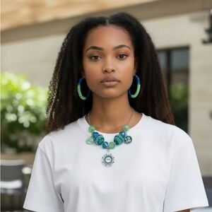 Green and Blue Seahawks Beaded Necklace and hoop earrings set💙💚
